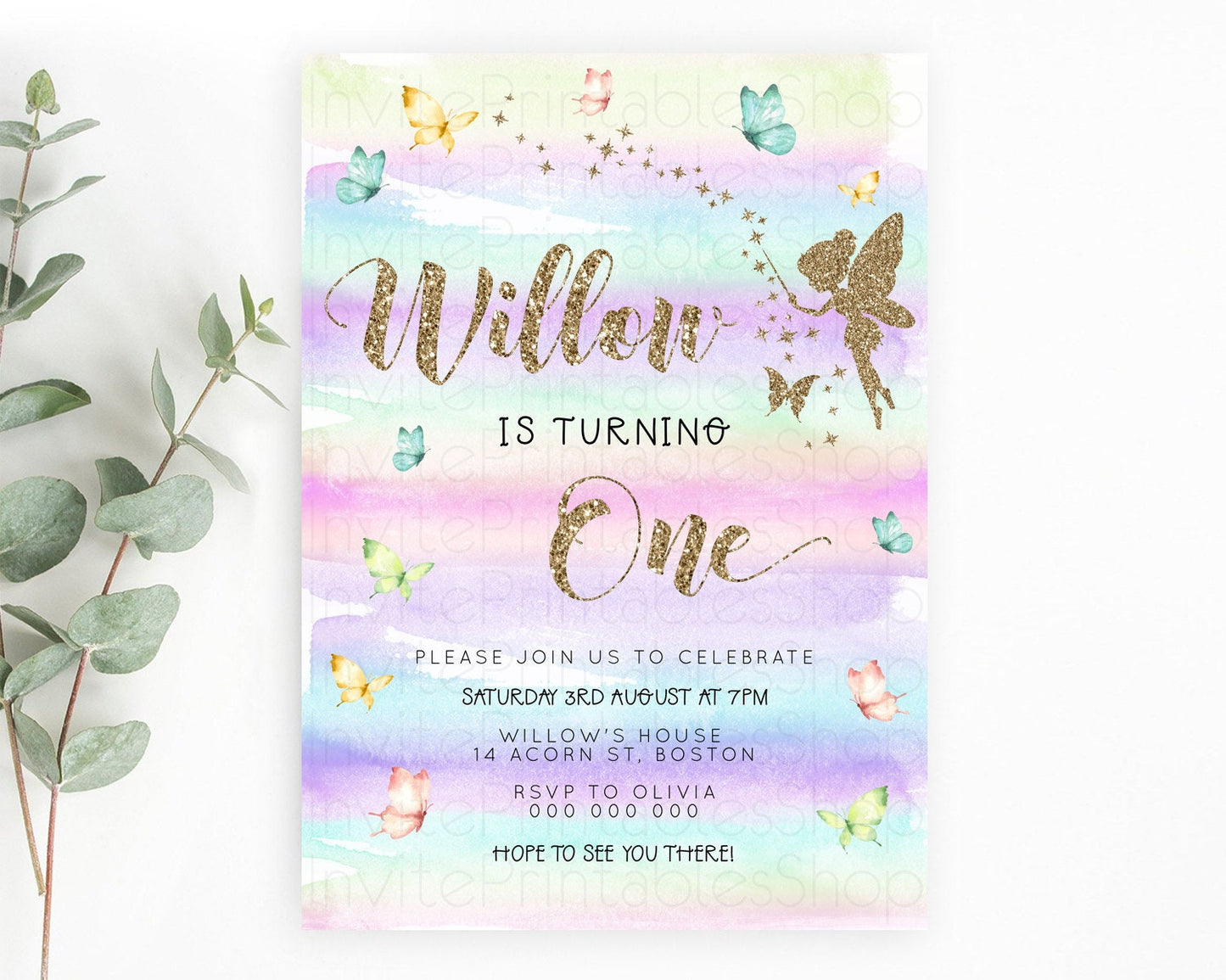 Pastel Fairy Birthday Invitation Pastel Butterflies Fairy Birthday Invitation Rainbow Ombre Watercolor 1st 2nd Birthday Invitation D23310