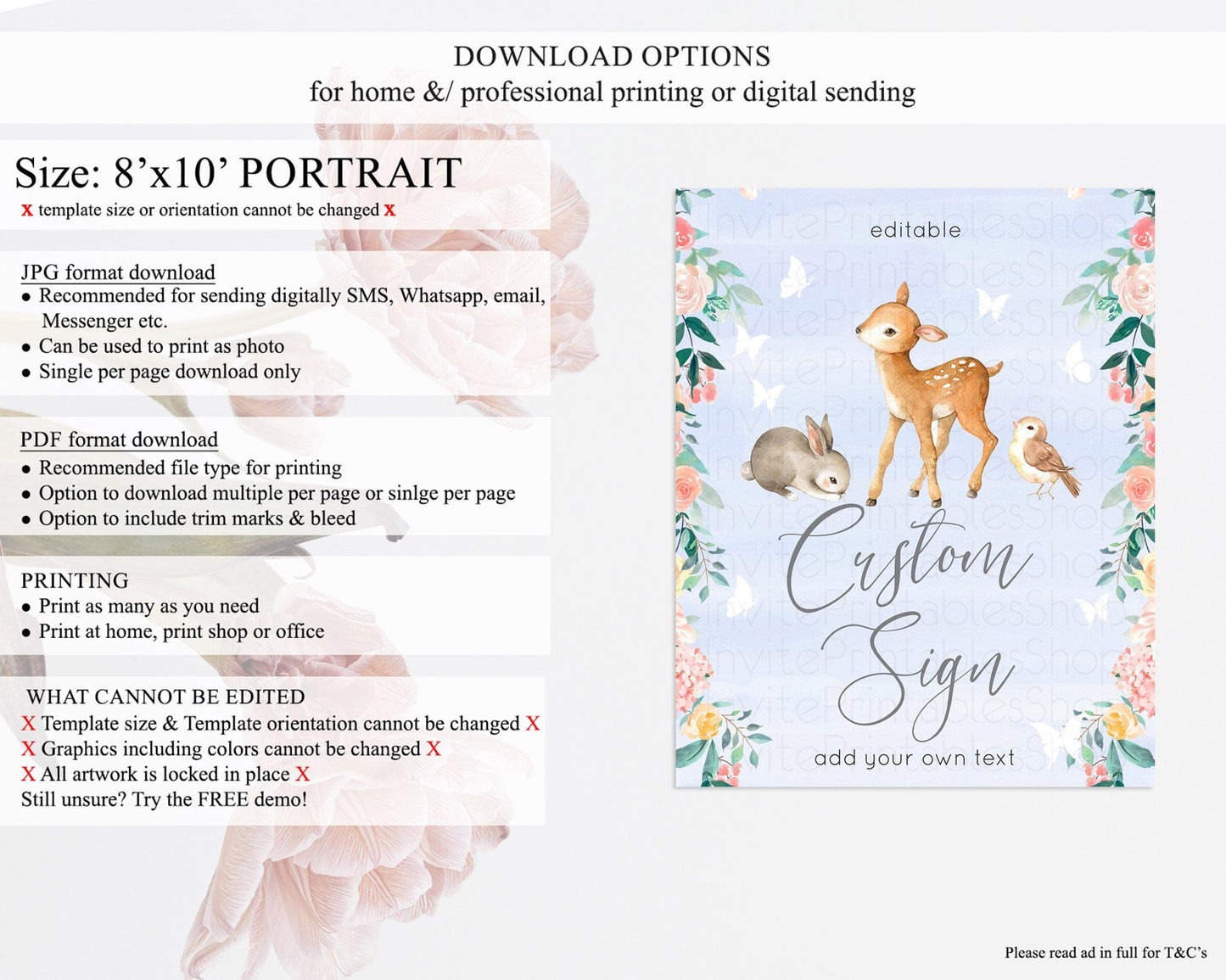 Fawn Deer Sign Pastel Floral Deer Table Sign Decor Enchanted Forest Butterfly Party 1st Birthday Baptism Baby Shower Bridal Shower D10920