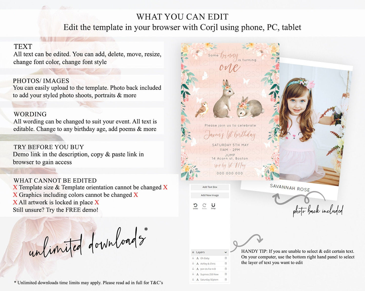 Bunny Birthday Invitation Floral Bunny Invitation Pastel Bunny Invites Pastel Watercolor Woodland Bunny Party 2nd 1st First Birthday D10922