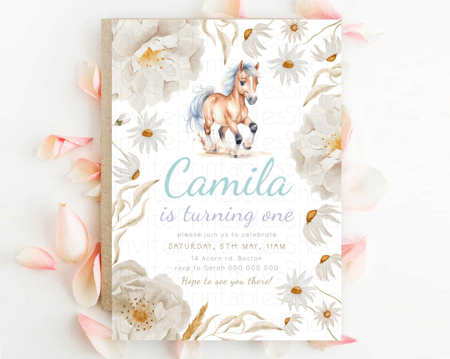 Horse Birthday Invitation, Galloping Wildflower Fields, Pastel Flowers, Butterflies, Flowers Accents for Equestrian & Cowgirls d23378