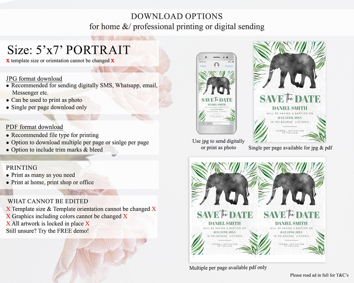 Elephant Save The Date Template Elephant Safari Adventure Party Dried Palm Fern Zoo 1st Birthday Baptism Baby Shower Bridal Shower D10842