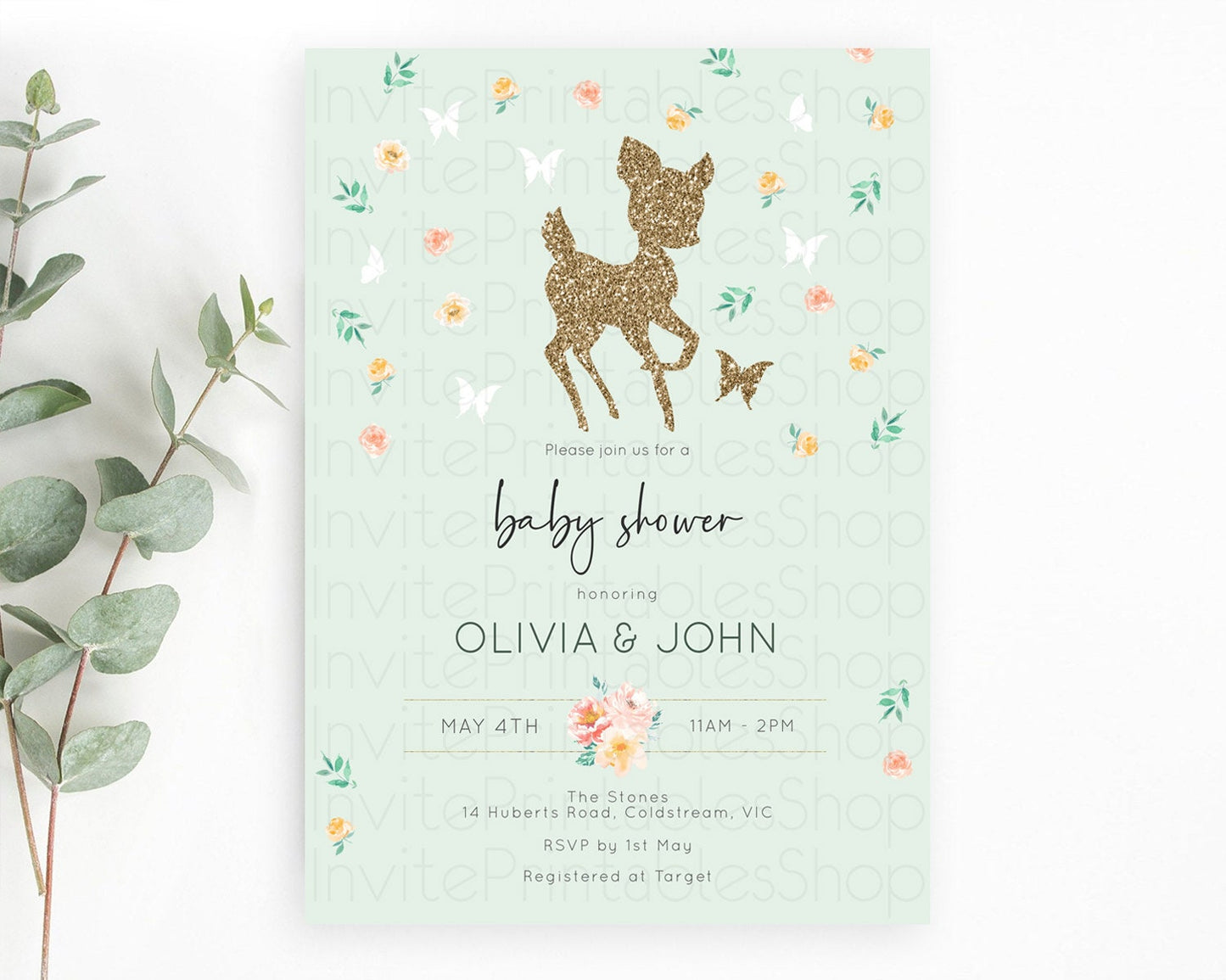 Fawn Baby Shower Invitation, Enchanted Forest Theme Glitter Deer, Butterflies, Pastel Flowers - Whimsical Floral Orange, Green D10385