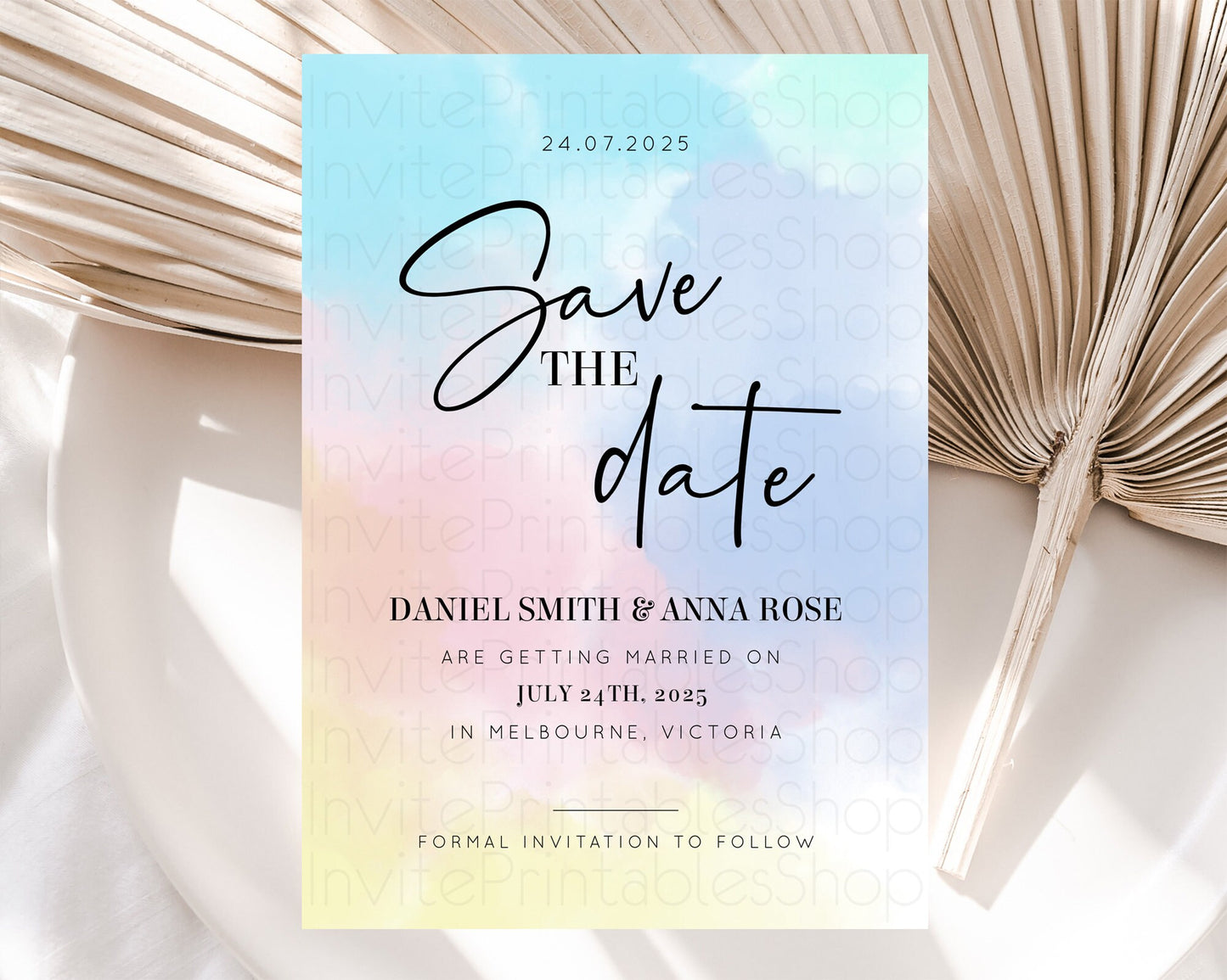 Pastel Save The Date Template Pastel Ombre Rainbow Watercolor Colorful Party For Birthday Baptism Baby Shower Wedding Bridal Shower D10373