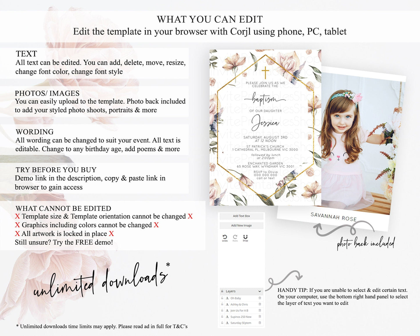 Secret Garden Baptism Invitation Wildflower Baptism Birthday Invite Pastel Flowers Christening Invite Enchanted Garden Boho Floral D10504