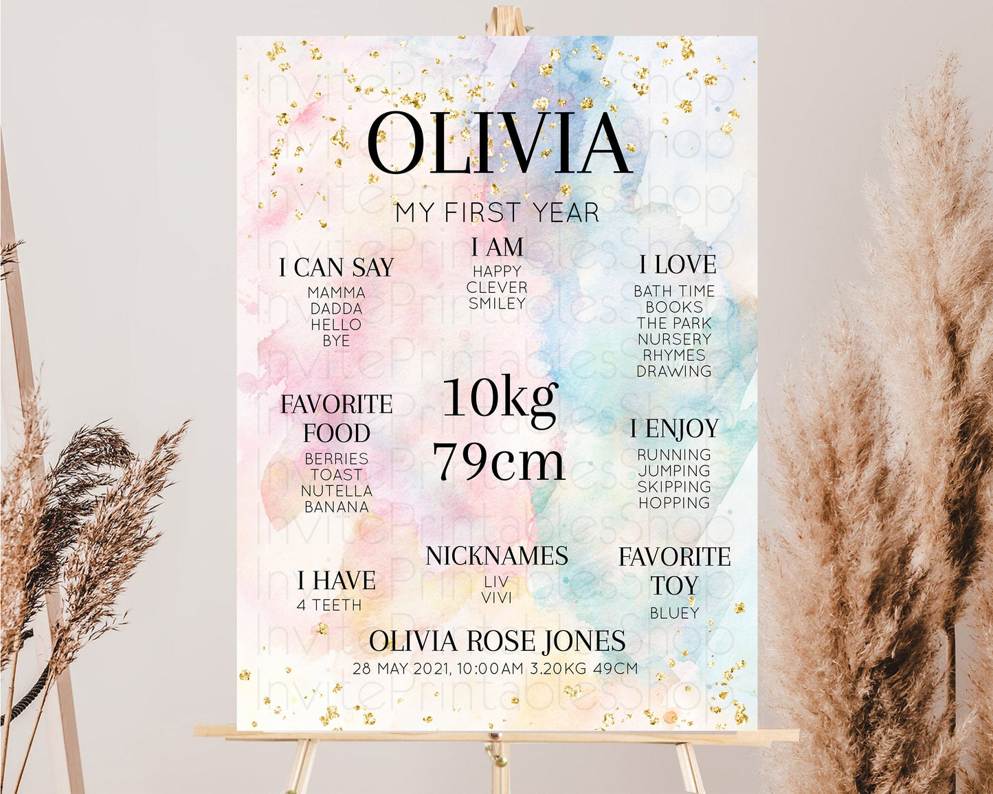 Watercolor Rainbow Baby Milestone Board First Birthday Poster Welcome Board 1st Birthday Keepsake Sign Colorful Splash Pastel Glitter 276