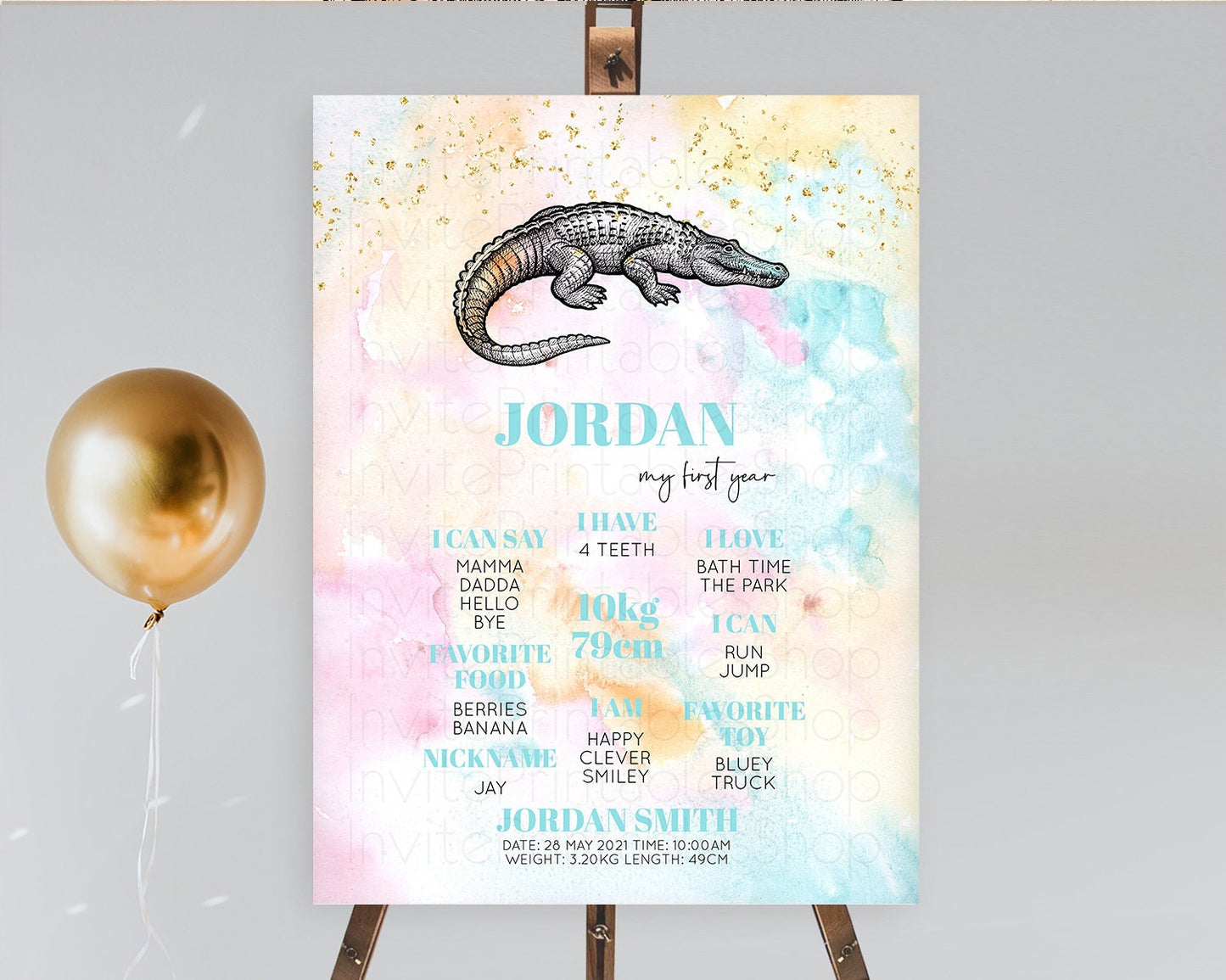 Pastel Crocodile First Birthday Milestone Board Pastel Watercolor Alligator Milestone Poster Colorful Rainbow Birthday Welcome Sign D10285