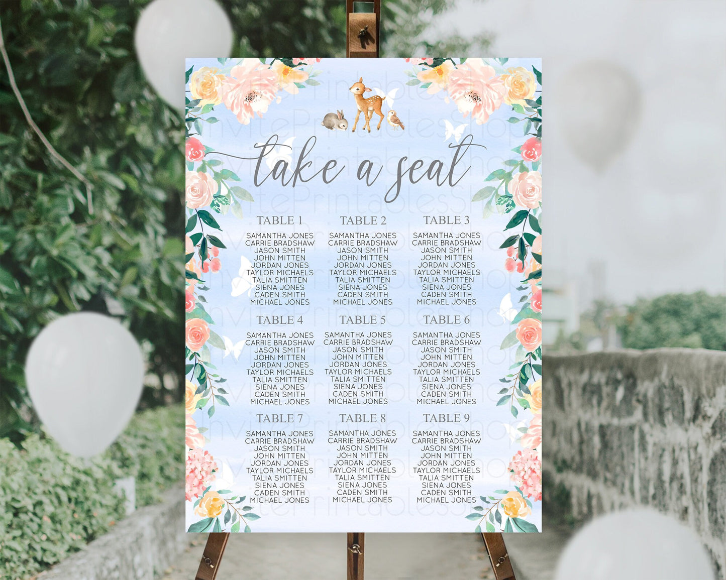 Fawn Seating Chart Deer Seating Chart Enchanted Forest Party Butterfly Pastel Flowers Whimsical Seating Chart Woodland Seating Sign D10920