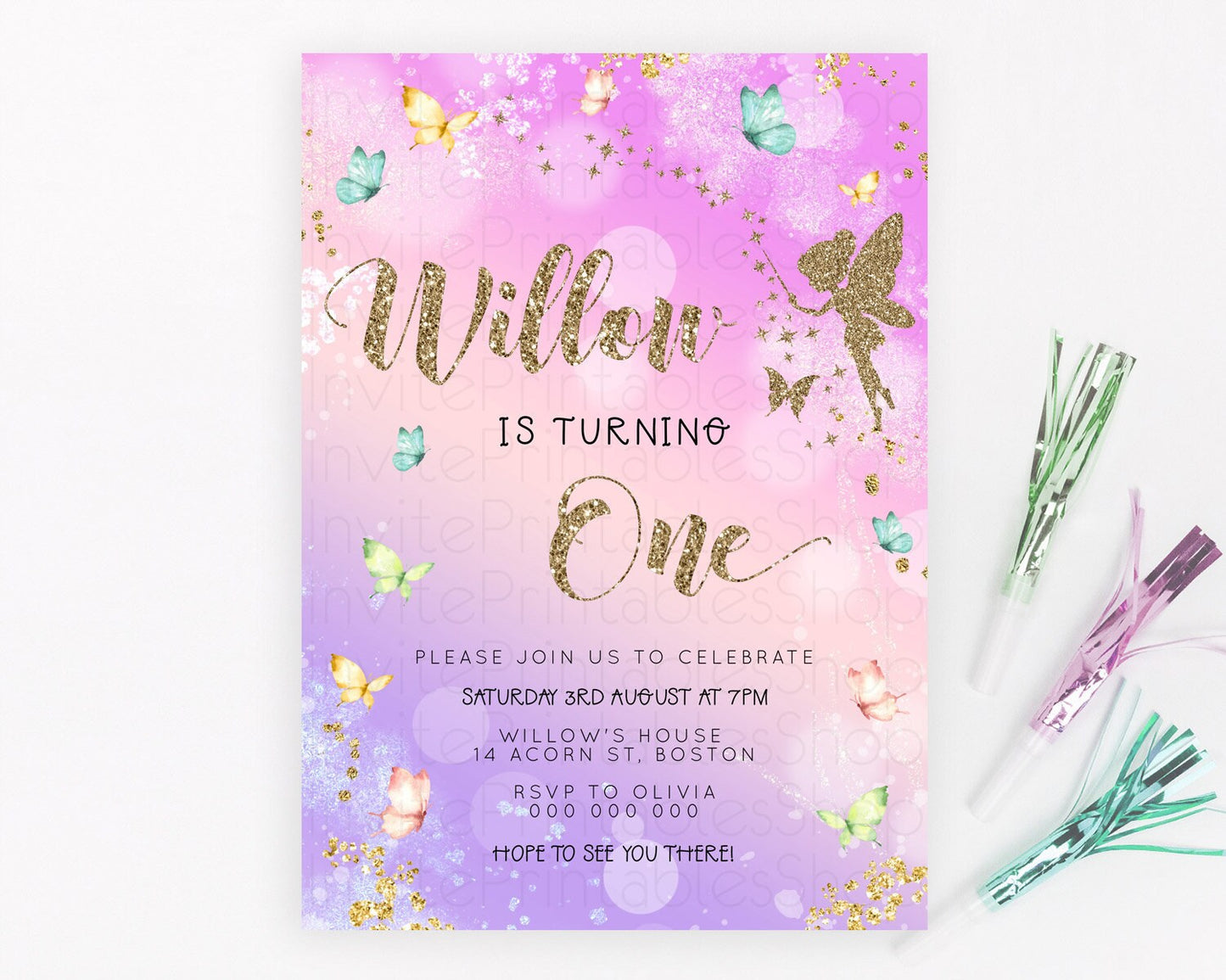 Pastel Fairy Birthday Invitation Pastel Butterflies Fairy Birthday Invitation Rainbow Ombre Watercolor 1st 2nd Birthday Invitation D23164