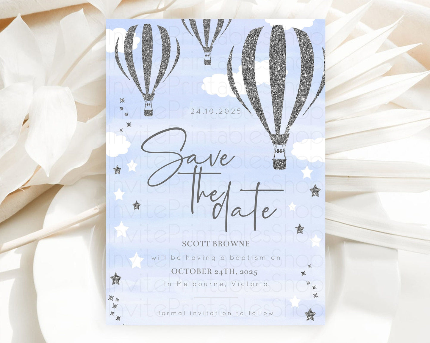 Hot Air Balloon Save The Date Template Adventure Awaits Mr. ONEderful Party 1st Birthday Baptism Baby Shower D10334