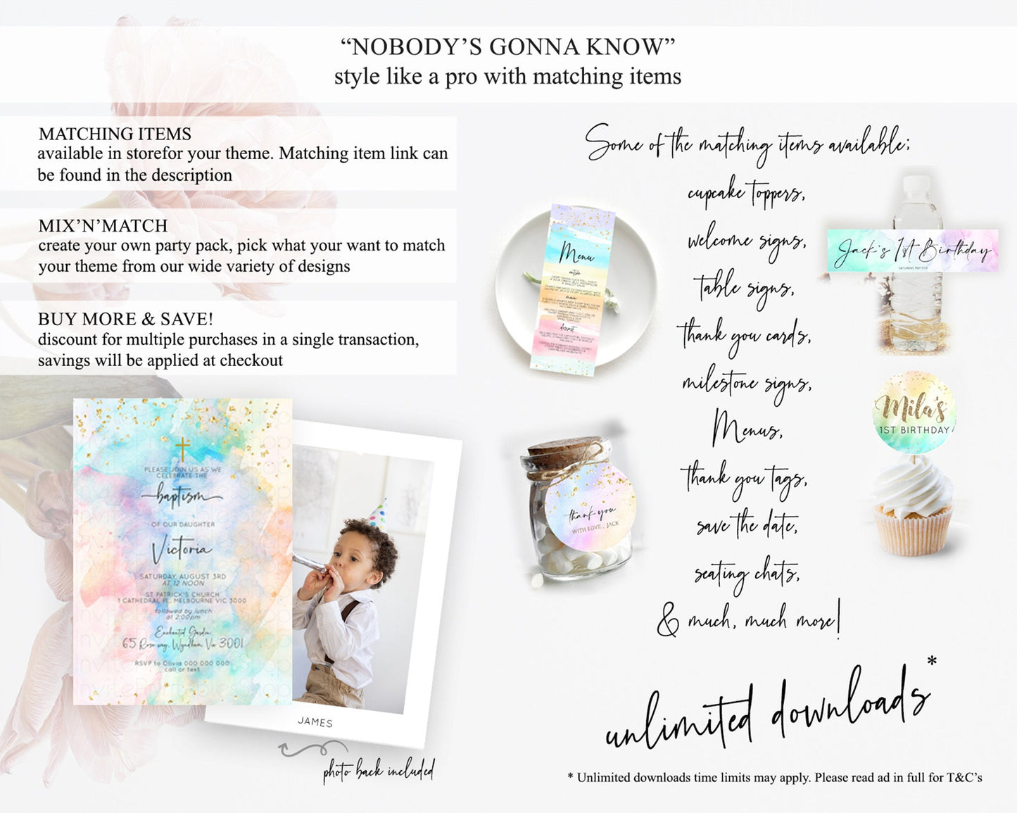 Pastel Baptism Invitation Pastel Colors Watercolor Baptism 1st Birthday Party Gold Ombre Pastel Rainbow Christening Holy Communion D10260