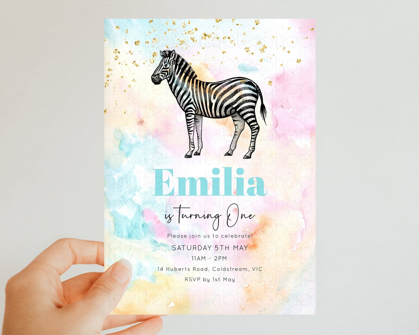 Pastel Zebra Birthday Invitation Pastel Zebra Invite Rainbow Zebra Invitation Colorful Watercolor Invite Safari Zoo Glitter Invite W282
