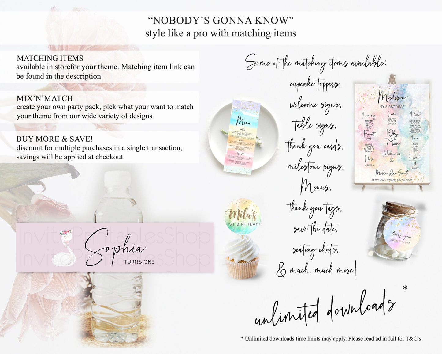 Swan Water Label Template Swan Princess Ballet Party Decor Enchanted Secret Garden Pastel Floral Birthday Baptism Baby Shower D10758