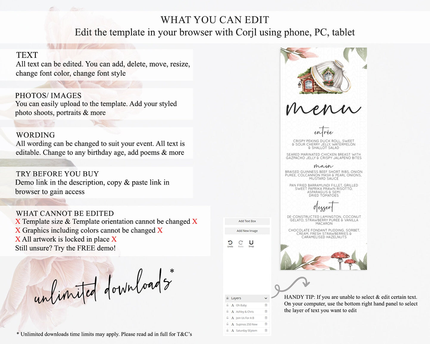 Fairy Menu Fairy Menu Template Enchanted Garden Pastel Floral Butterfly Table Décor Fairy Secret Garden Dinner Dessert Food Menu D10851