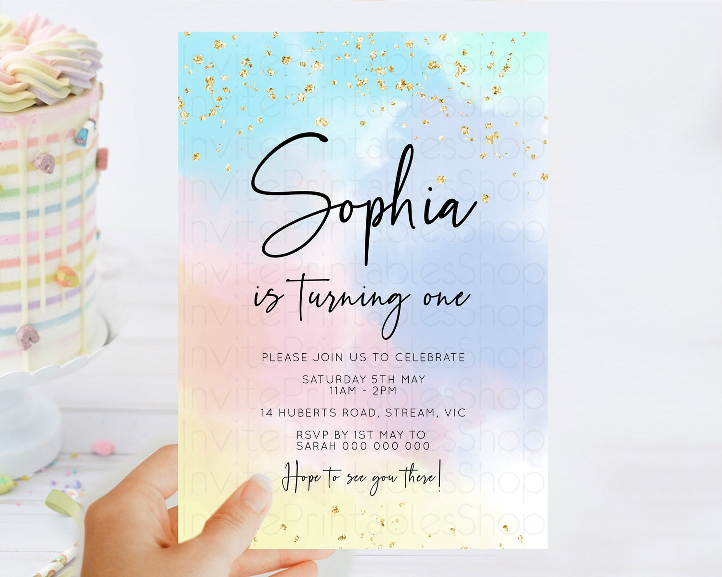 Rainbow Birthday Invitation Colorful Pastel Watercolor Invitation Gold Glitter Sprinkles Ombre Pastel 1st 2nd 3rd Birthday D10368