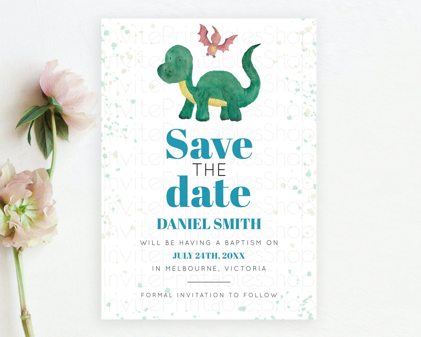 Dinosaur Save The Date Template Dinosaur Volcano Watercolor Volcano T-Rex Raptor Jurassic Party 1st Birthday Baptism Baby Shower D10153