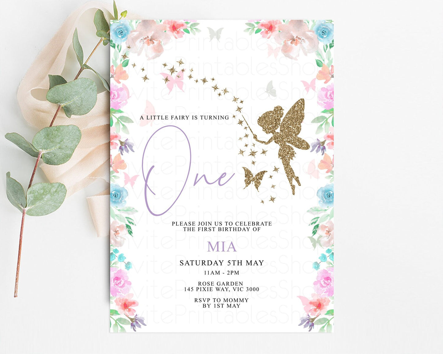 Fairy Birthday Invitation Glitter Fairy Invite Enchanted Garden Fairy Invite Pastel Floral Invite Butterfly Garden Invite 1st 2nd P113