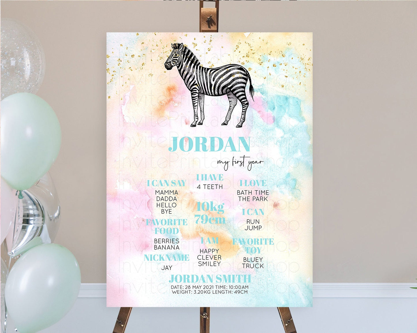 Pastel Zebra First Birthday Milestone Board Zebra Milestone Poster Colorful Rainbow Pastel Watercolor 1st Birthday Welcome Sign D10281