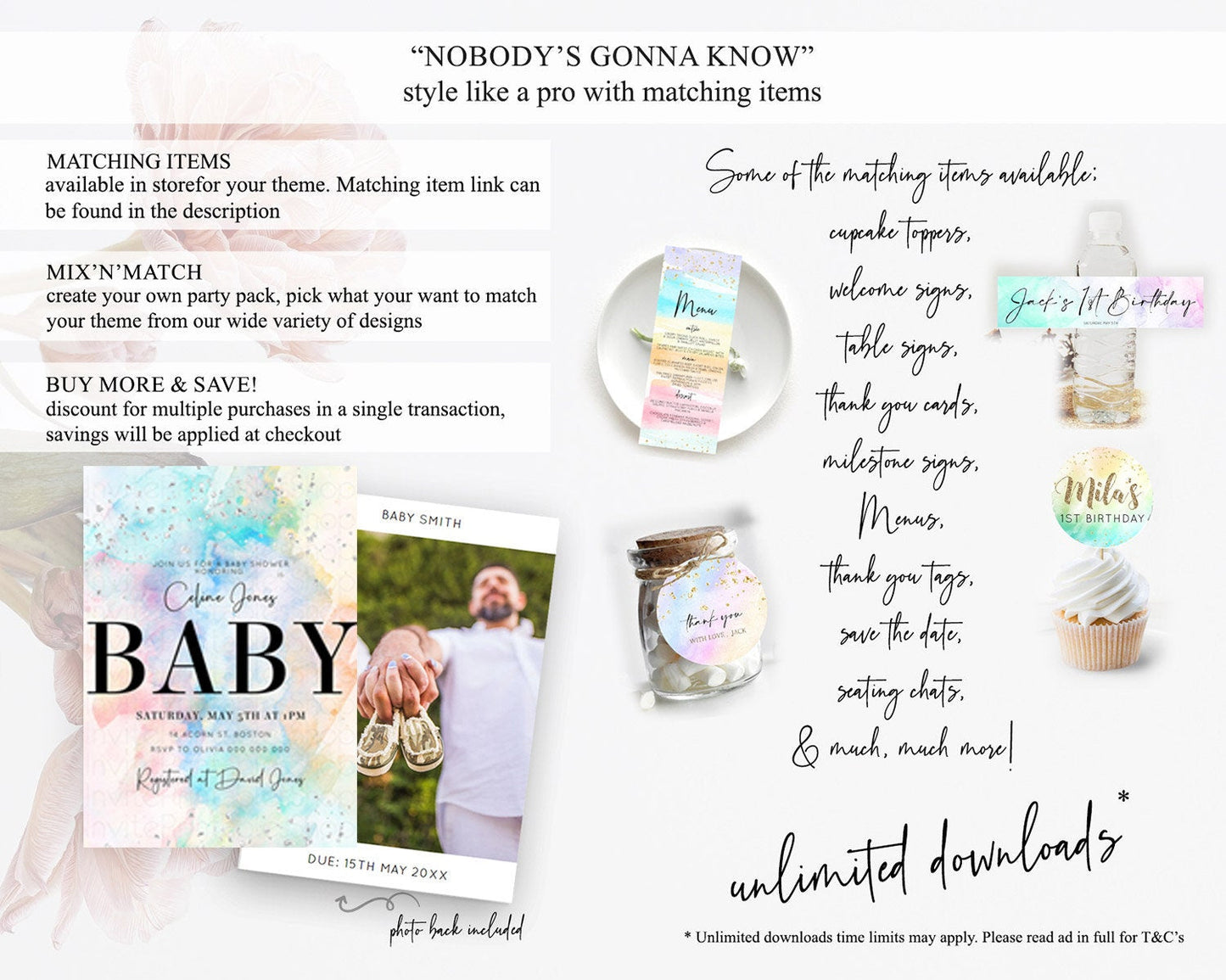 Pastel Rainbow Baby Shower Invitation, Pastel Watercolor, Colorful Ombre Splash with Silver Sprinkles- Teal Blue, Orange, Yellow Pink D11031