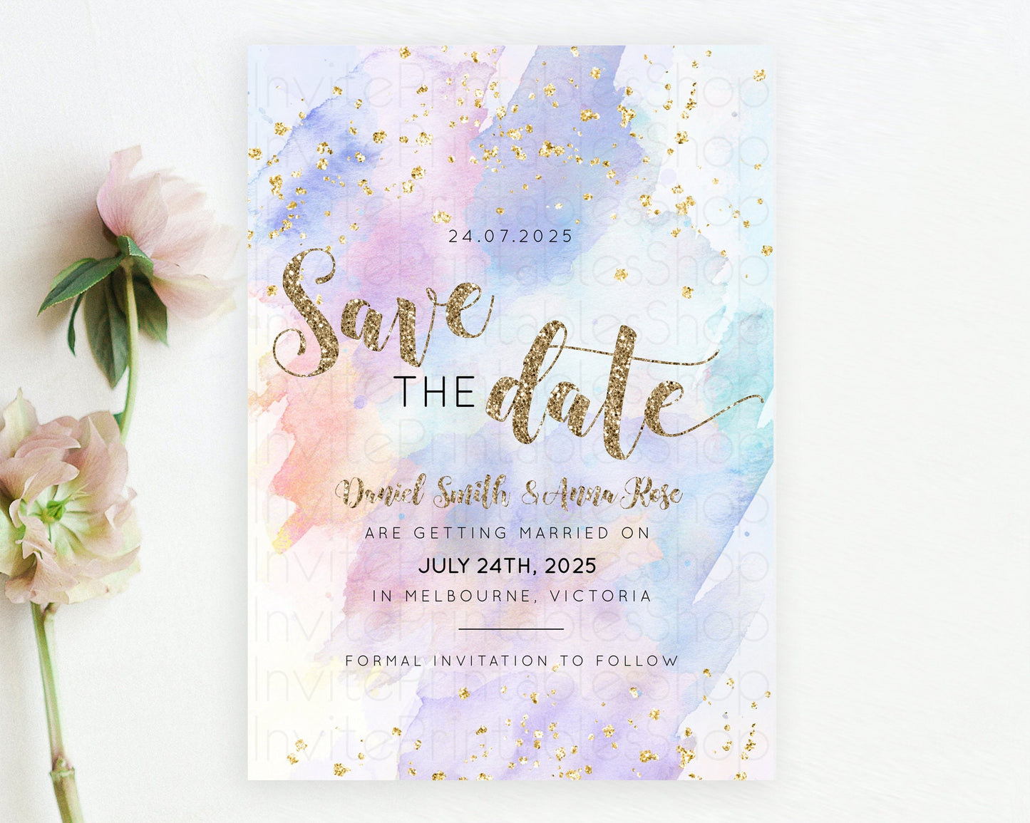 Pastel Save The Date Template Pastel Ombre Rainbow Watercolor Colorful Party For Birthday Baptism Baby Shower Wedding Bridal Shower D10583