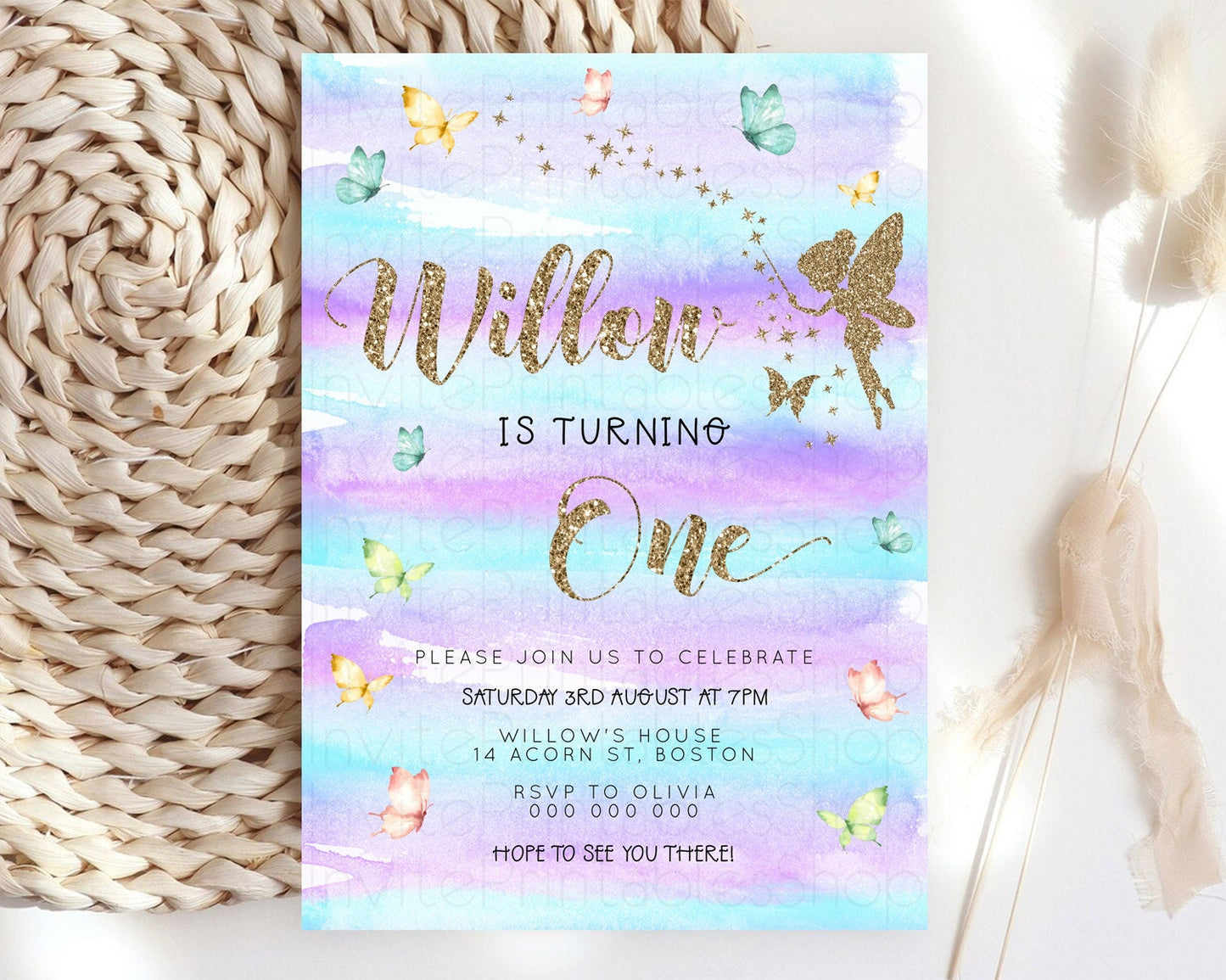 Pastel Fairy Birthday Invitation Pastel Butterflies Fairy Birthday Invitation Rainbow Ombre Watercolor 1st 2nd Birthday Invitation D23311