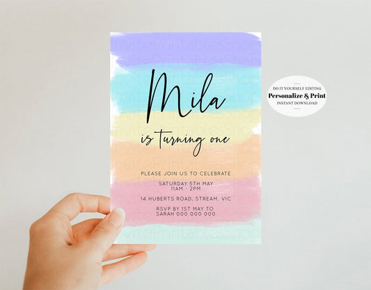 Rainbow Birthday Invitation Pastel Birthday Invitation Colorful Watercolor Invite Ombre Pastel Invitation Gold Glitter Sprinkles Invite
