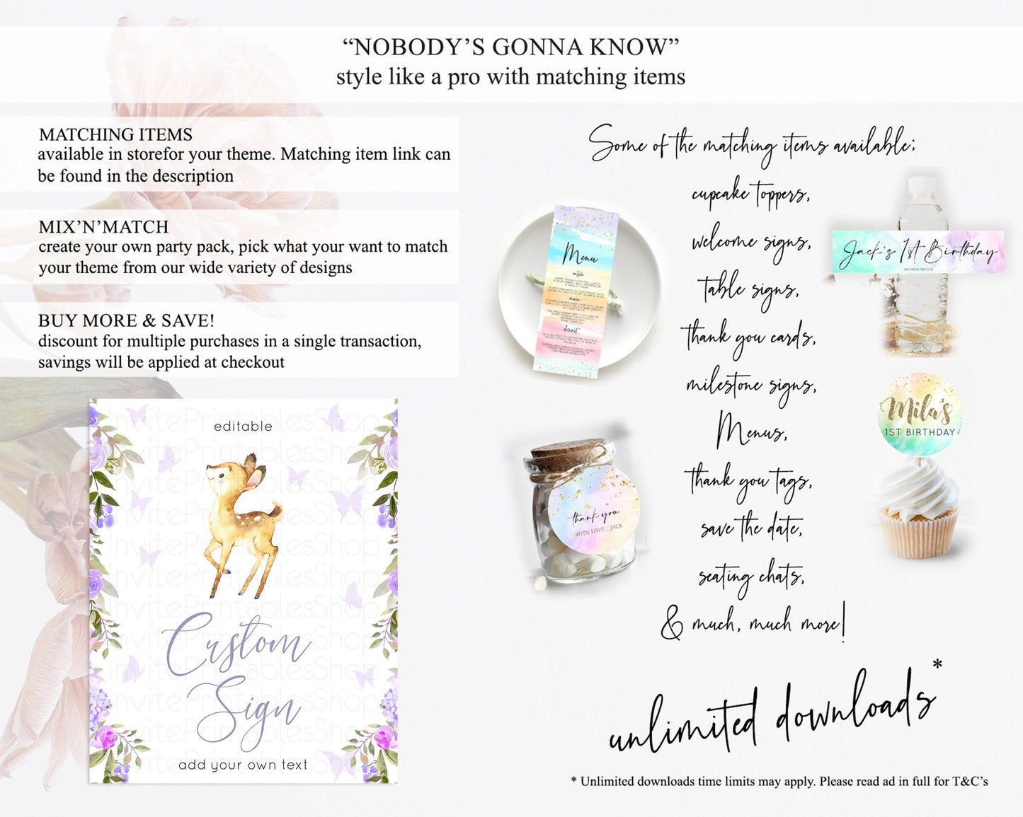 Fawn Deer Sign Pastel Floral Deer Table Sign Decor Enchanted Forest Butterfly Party 1st Birthday Baptism Baby Shower Bridal Shower D10916
