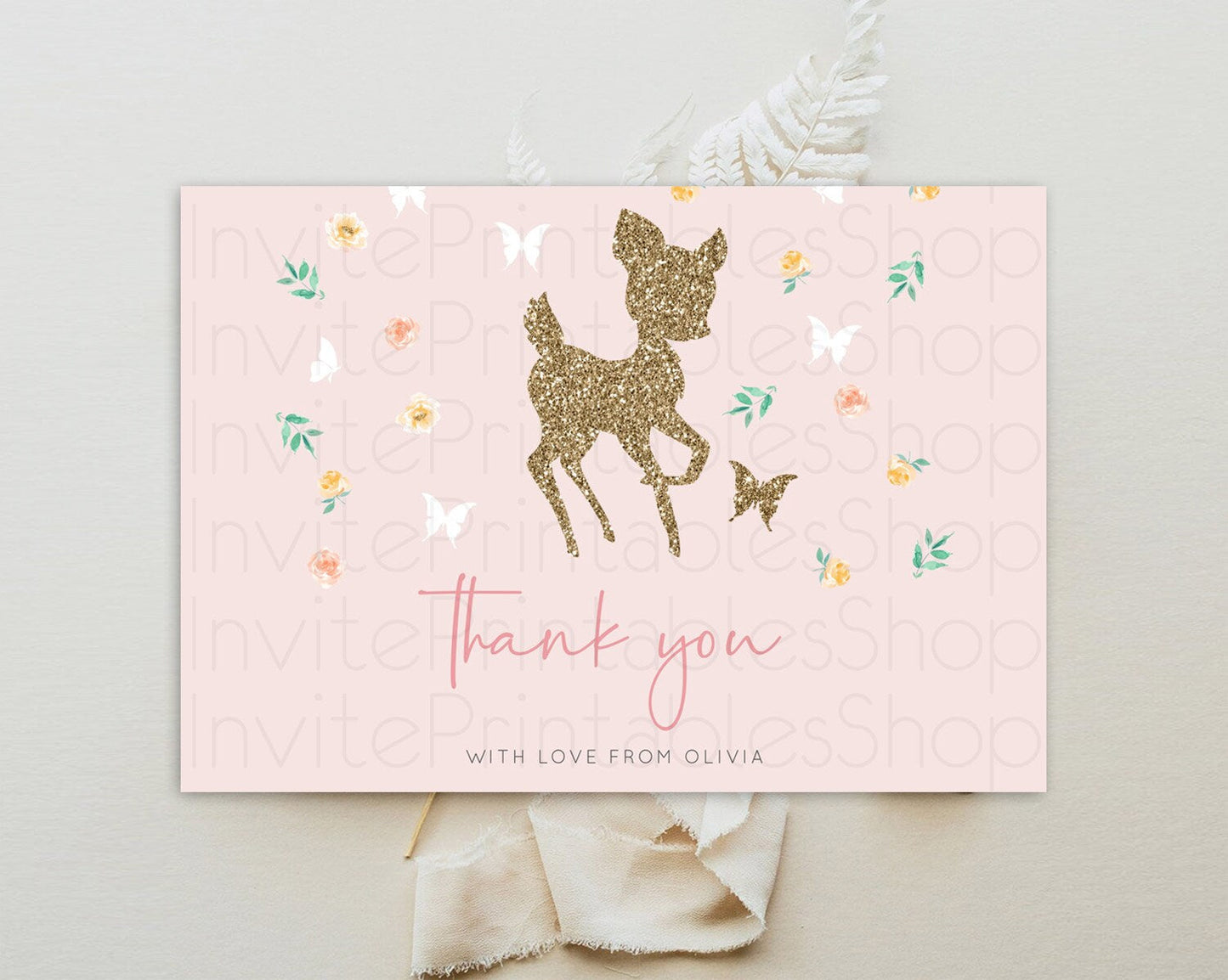Fawn Thank You Deer Thank You Card Pastel Floral Deer Birthday Thank You Card Enchanted Forest Butterfly Deer Teacher Thank You Card D10386