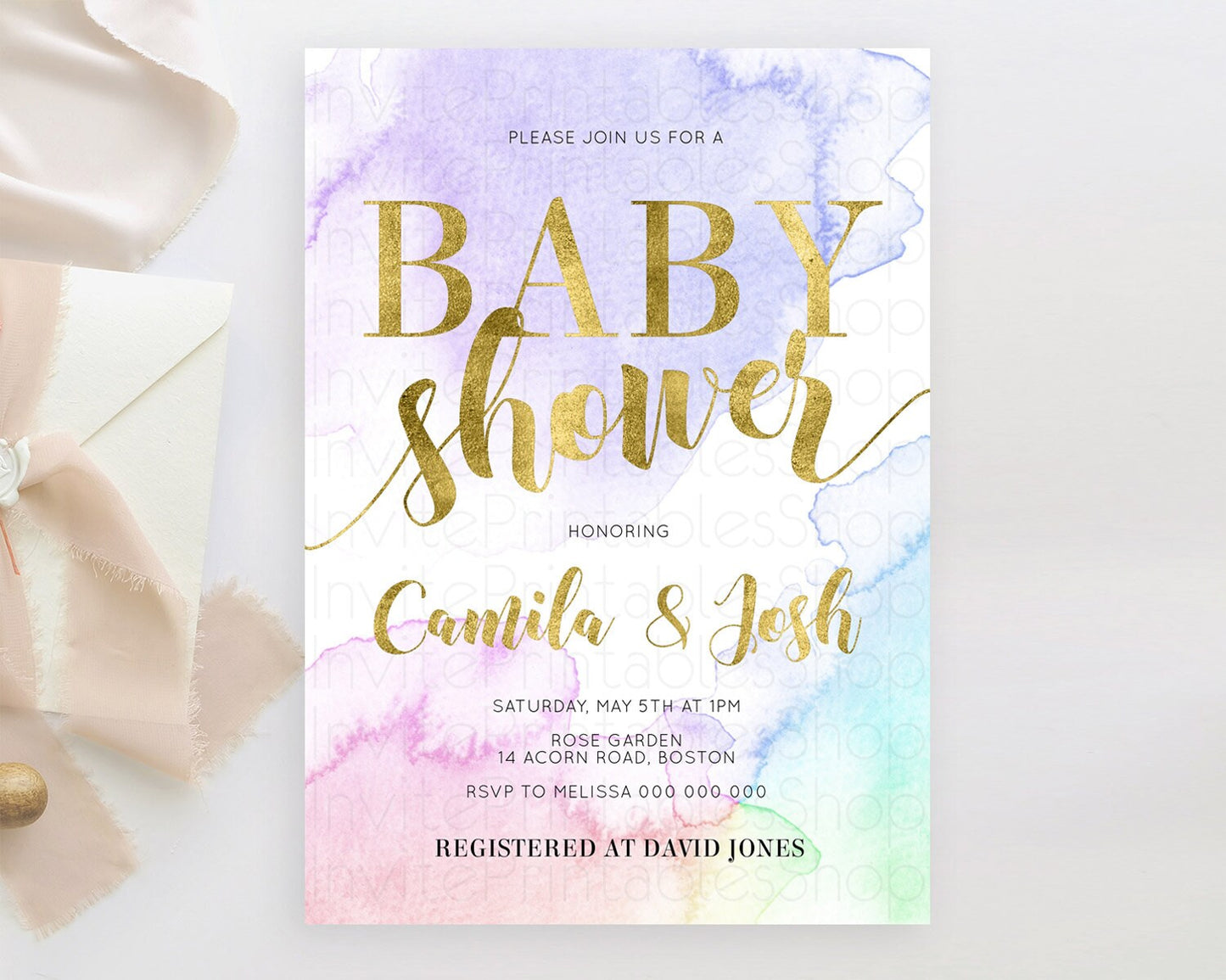 Pastel Baby Shower Invitation Rainbow Baby Shower Invitation Colorful Pastel Watercolor Invitation Gold Glitter Sprinkles Ombre D10216