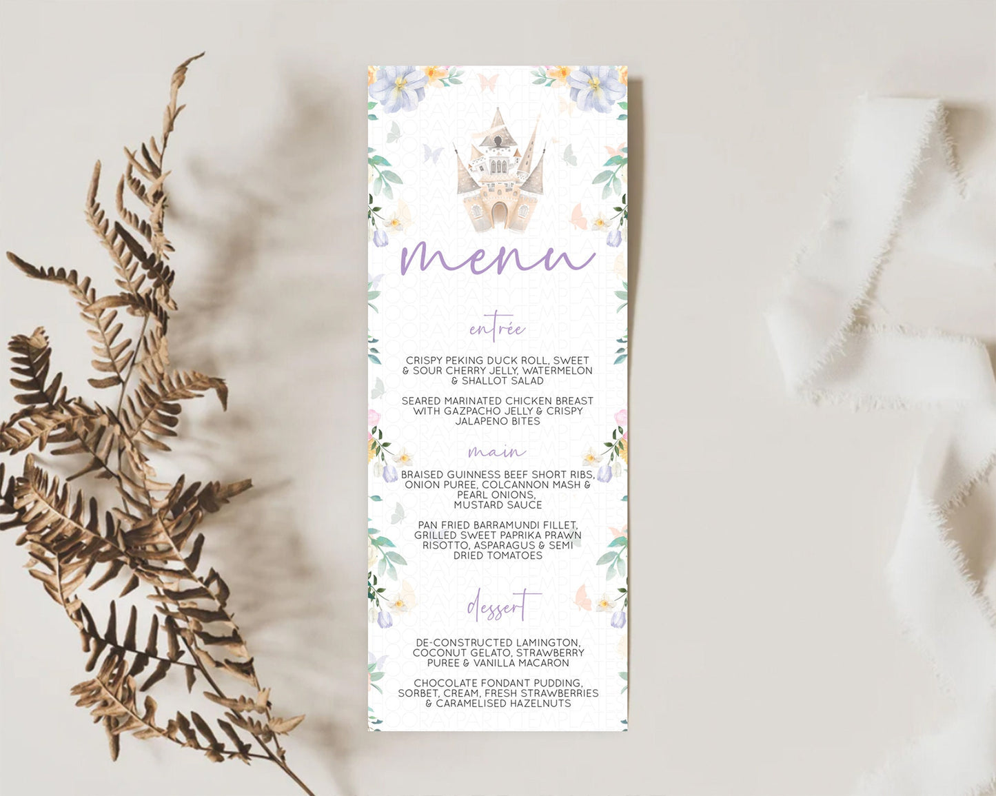 Princess Menu Castle Menu Template Secret Garden Table Decor Enchanted Castle Pastel Floral Dinner Dessert Menu Princess Food Menu D10473