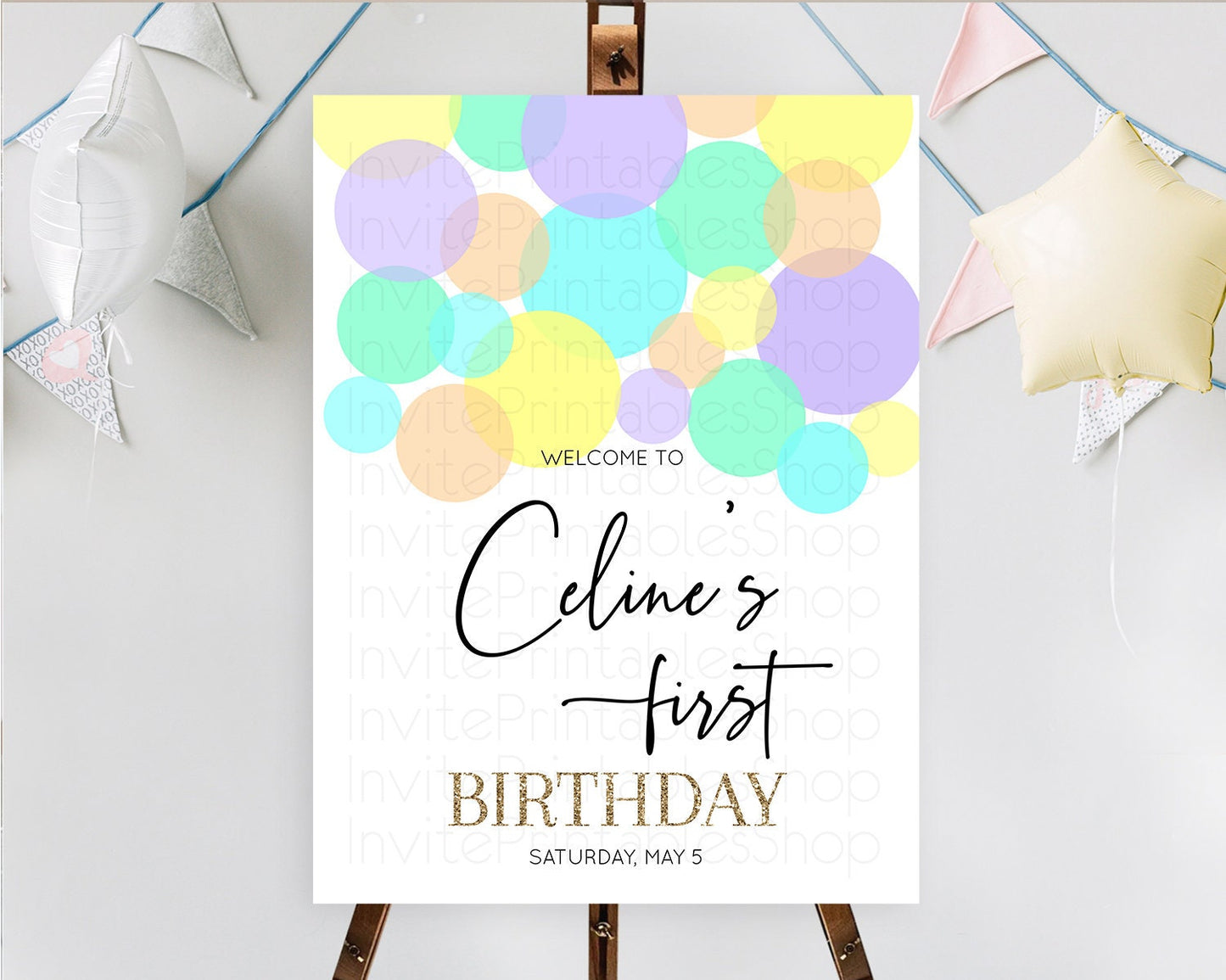 Rainbow Welcome Sign Pastel Welcome Board Pastel Rainbow Confetti Welcome Sign Colorful Bubbles Pastel First Birthday Welcome Sign D10415