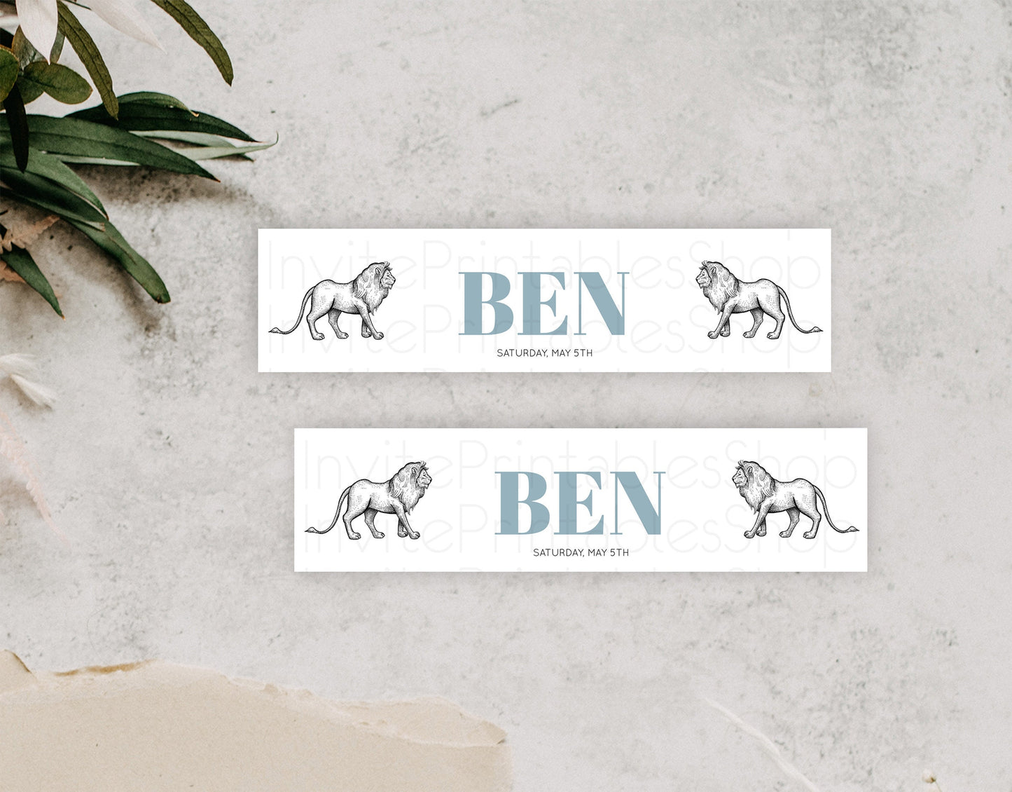 Lion Water Label Template Lion Safari Adventure Party Decor Dried Palm Ferns Zoo Birthday Baptism Baby Shower Bridal Shower Wedding D10246