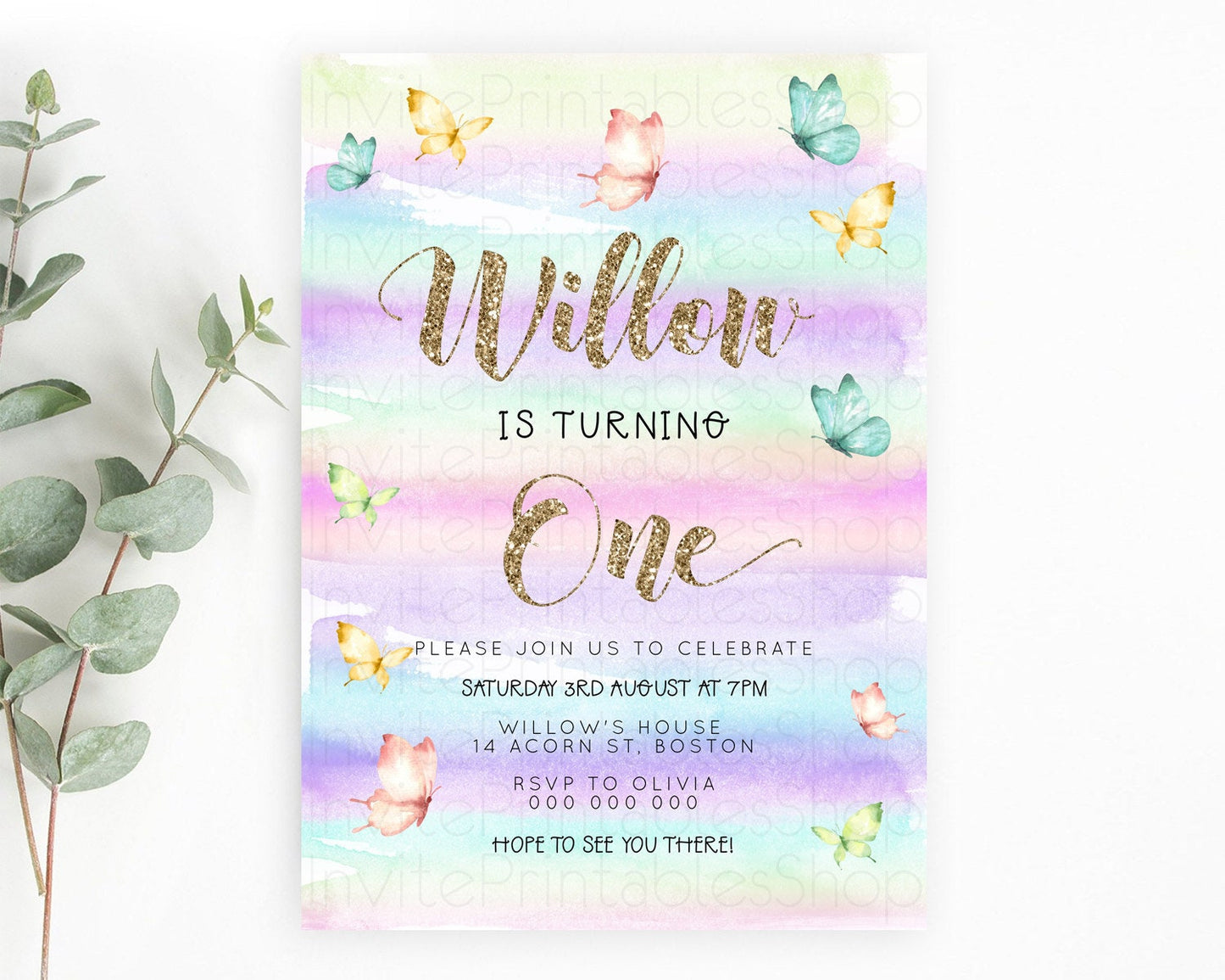 Pastel Butterfly Birthday Invitation Butterfly Birthday Invitation Colorful Splash Glitter Butterfly Garden 1st 2nd Birthday D23216