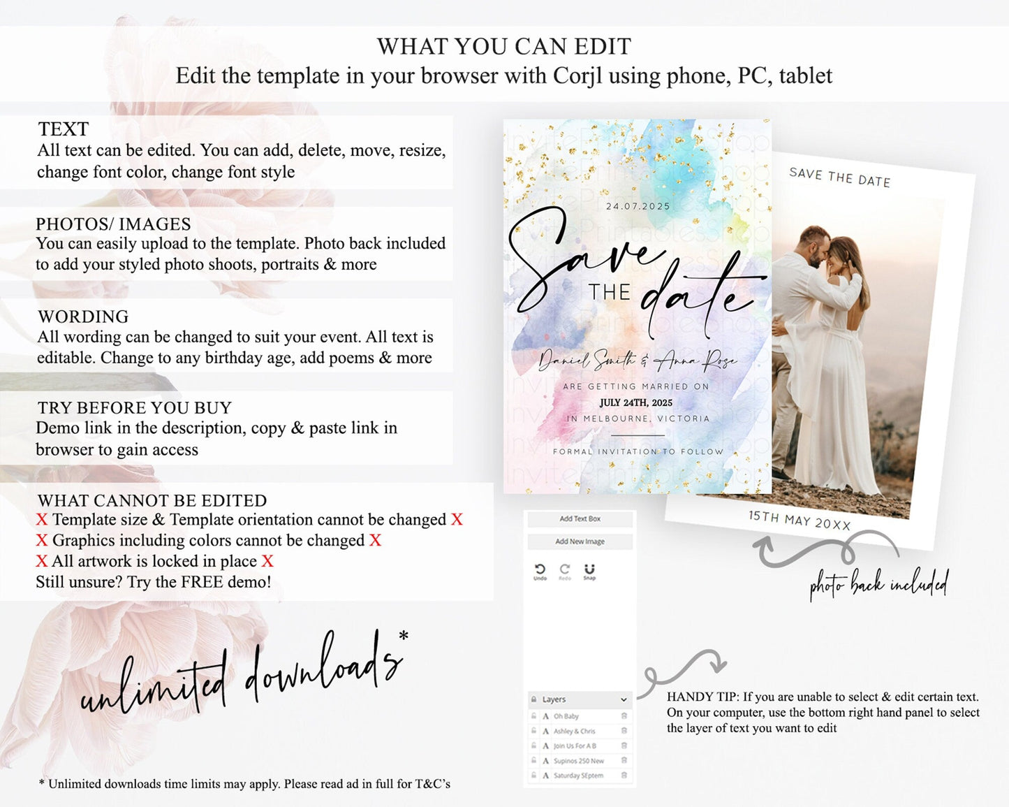 Pastel Save The Date Template Pastel Ombre Rainbow Watercolor Colorful Party For Birthday Baptism Baby Shower Wedding Bridal Shower D10420