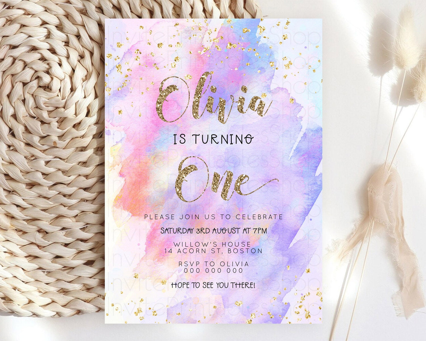 Rainbow Birthday Invitation Colorful Pastel Watercolor Invitation Gold Glitter Sprinkles Ombre Pastel 1st 2nd 3rd Birthday D23294