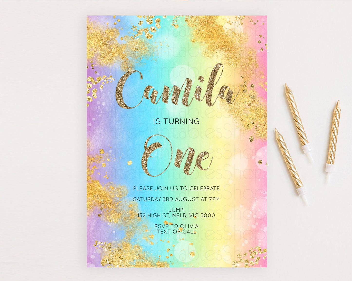 Rainbow Birthday Invitation Colorful Pastel Watercolor Invitation Gold Glitter Sprinkles Ombre Pastel 1st 2nd 3rd Birthday D10561