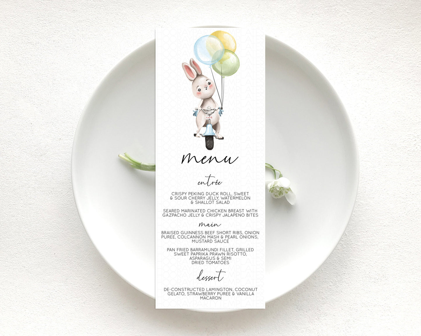 Bunny Menu Bunny Balloon Menu Template Colorful Pastel Confetti Table Decor Sprinkles Bunny Dinner Dessert Menu Party Food Menu D10783