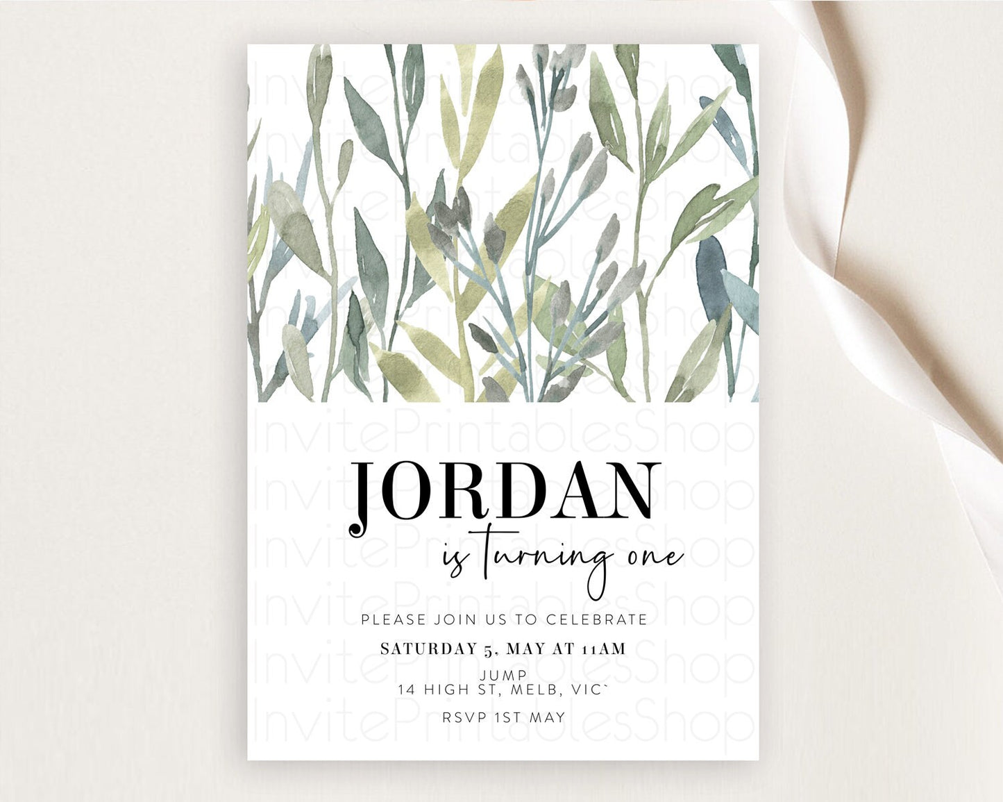 Leafy Birthday Invitation Leafy Invitation Simple Greenery Invitation Eucalyptus Fern Spray Leaves Minimal Green Leaf Watercolour D11060