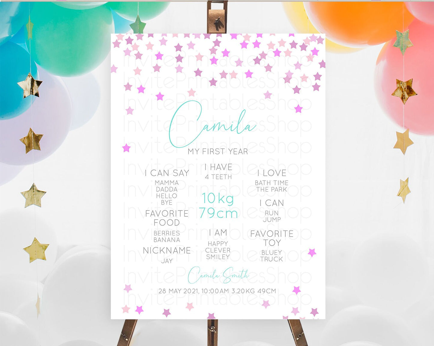 Star First Birthday Milestone Poster Pastel Stars Milestone Shooting Star Rainbow Colorful Confetti Twinkle Little Star 1st Birthday D10403