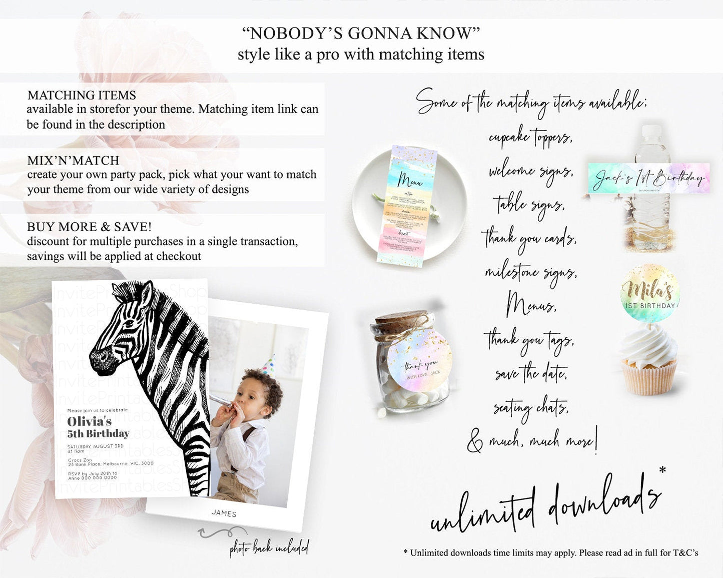 Zebra Birthday Invitation Zebra Invite Jungle Safari invite Watercolor Tropical Palm Invite Adventure Zoo Party Wild Animal Party D10249