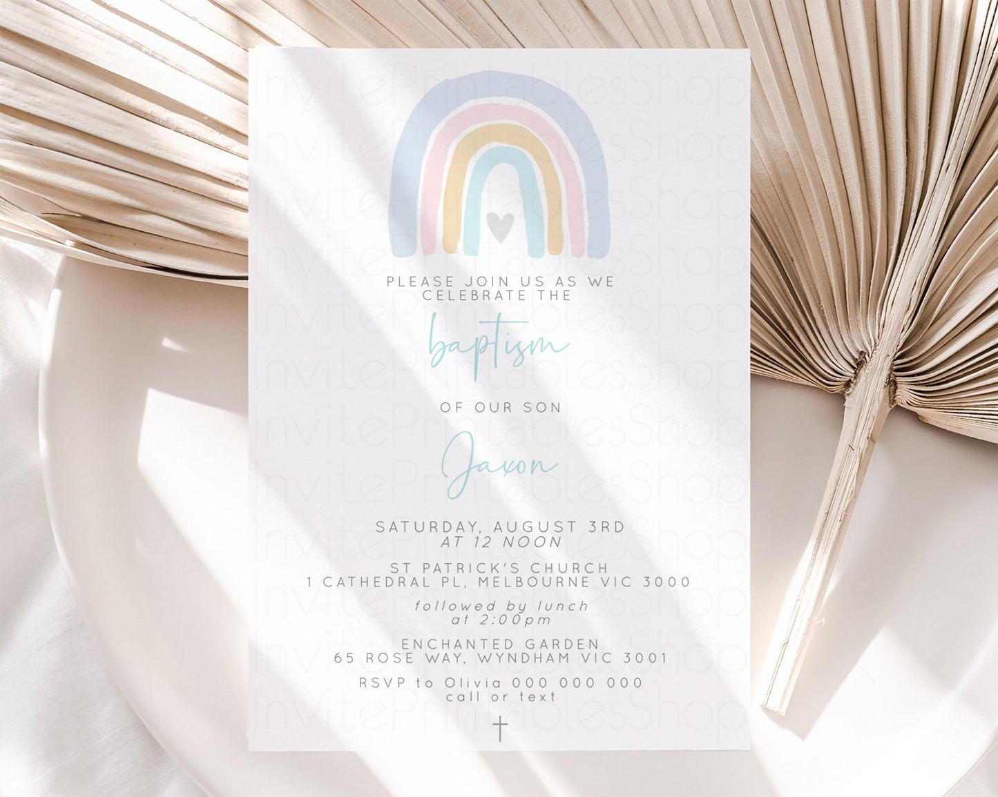 Rainbow Baptism Invitation Pastel Rainbow Christening Invitation Watercolor Boho Rainbow Invite Pastel Colors Rainbow Heart Invite Cross 19