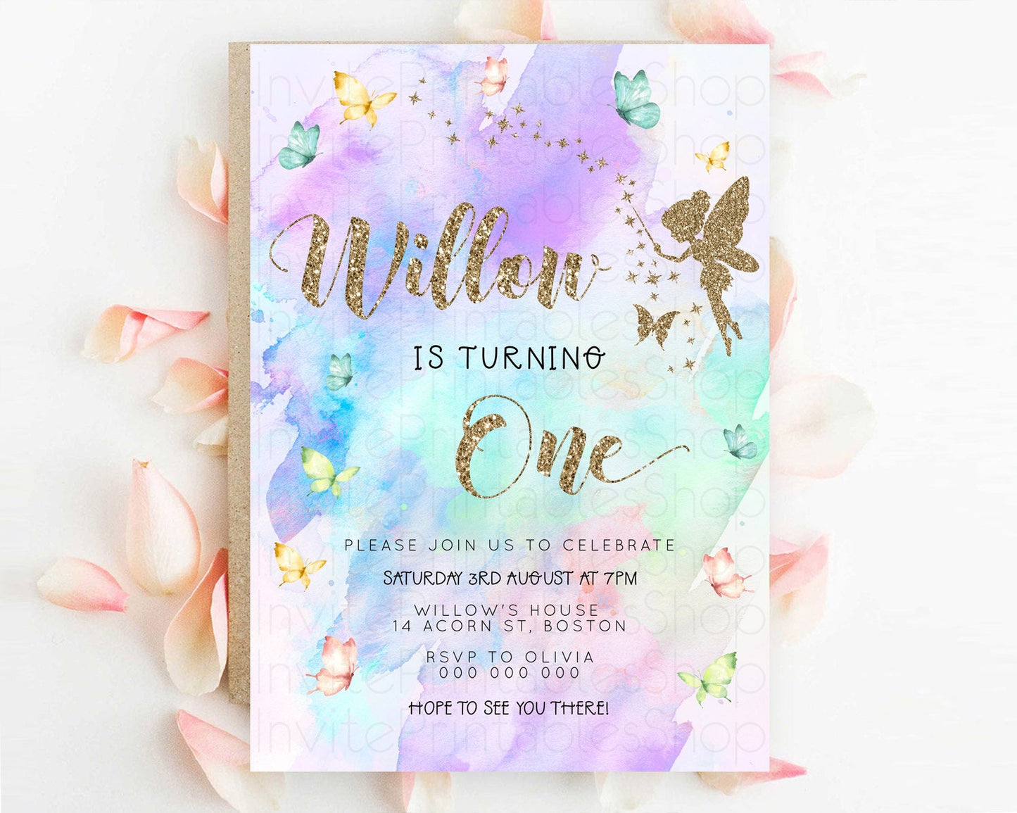 Pastel Fairy Birthday Invitation Pastel Butterflies Fairy Birthday Invitation Rainbow Ombre Watercolor 1st 2nd Birthday Invitation D23338