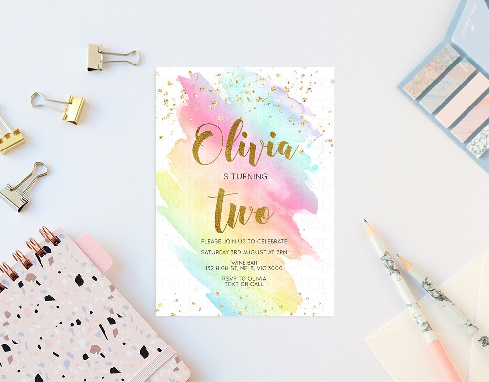 Rainbow Birthday Invitation Pastel Birthday Invitation Colorful Watercolor Invite Ombre Pastel Invitation Gold Glitter Sprinkles Invite G518