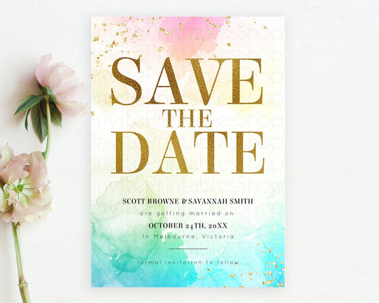 Pastel Save The Date Template Pastel Ombre Rainbow Watercolor Colorful Party For Birthday Baptism Baby Shower Wedding Bridal Shower D10770