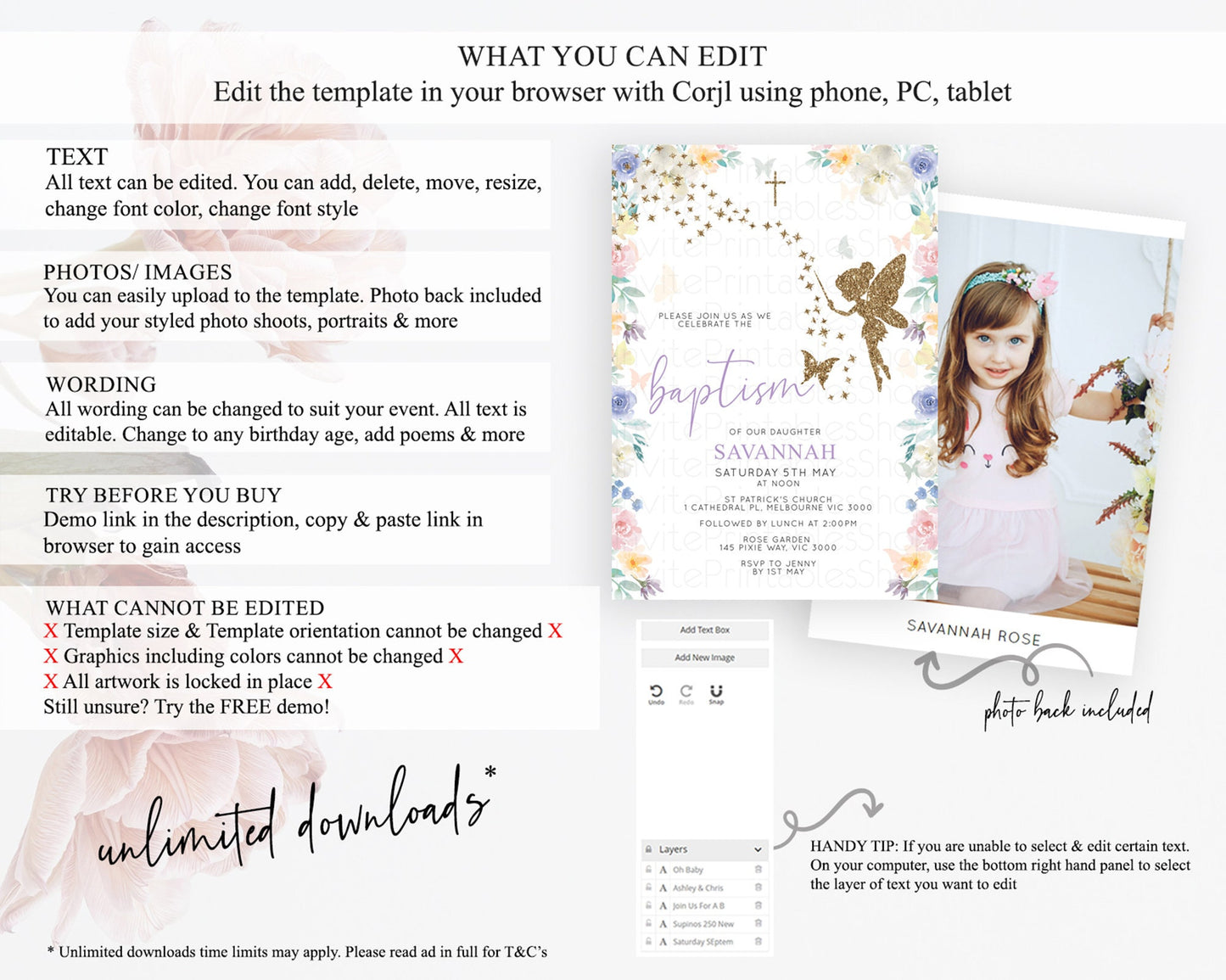 Fairy Baptism Invitation Fairy Baptism 1st Birthday Invitation Enchanted Secret Garden Christening Invite Pastel Floral Butterfly D10761