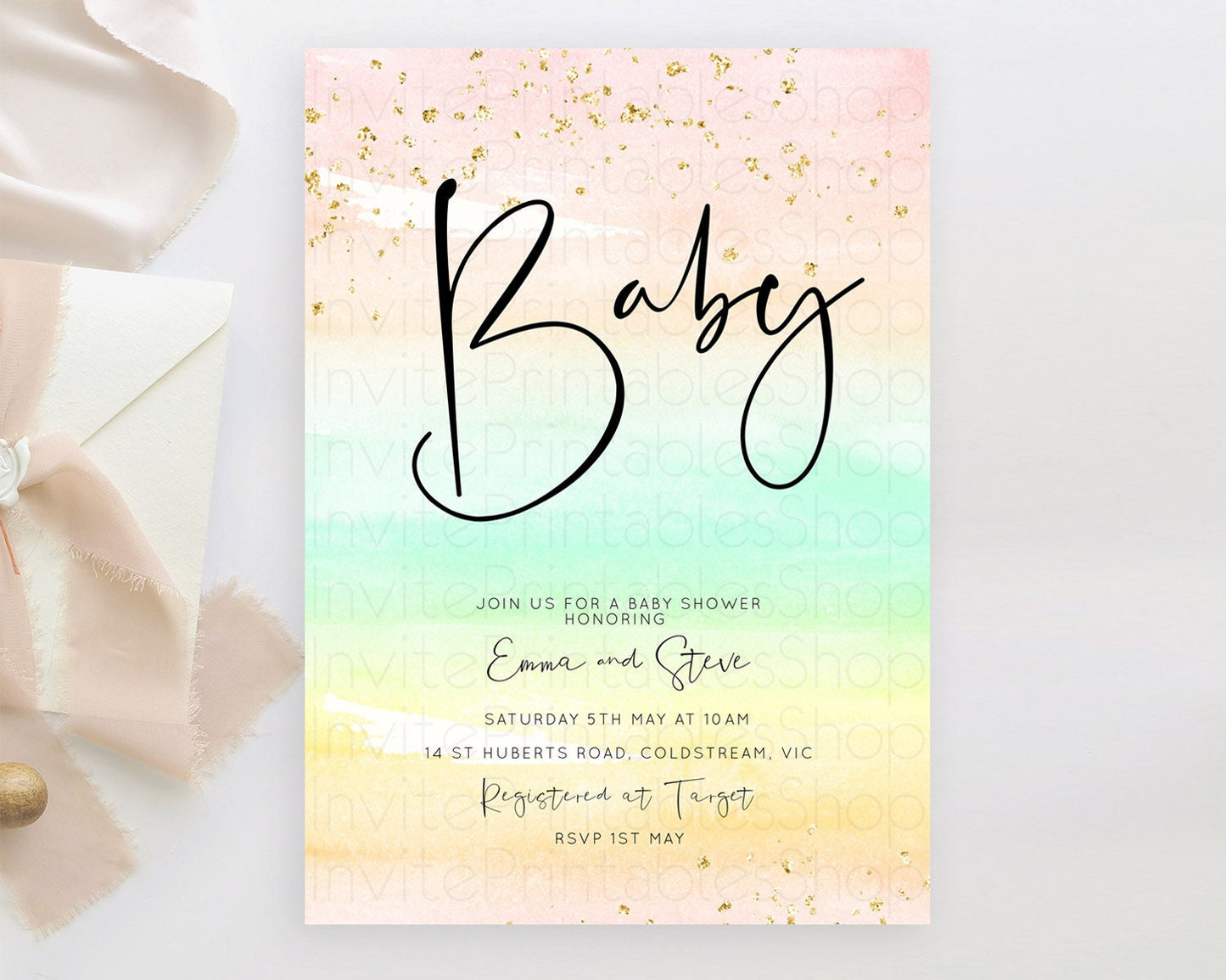 Pastel Baby Shower Invitation Rainbow Baby Shower Invitation Colorful Pastel Watercolor Invitation Gold Glitter Sprinkles Ombre D10591