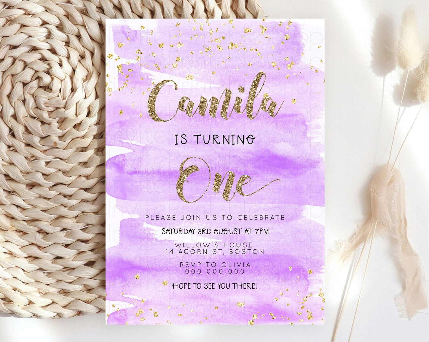 Purple Birthday Invitation Purple Watercolor Invite Pastel Purple Watercolor Invitation Purple Splash Gold Invitation First Birthday D23280