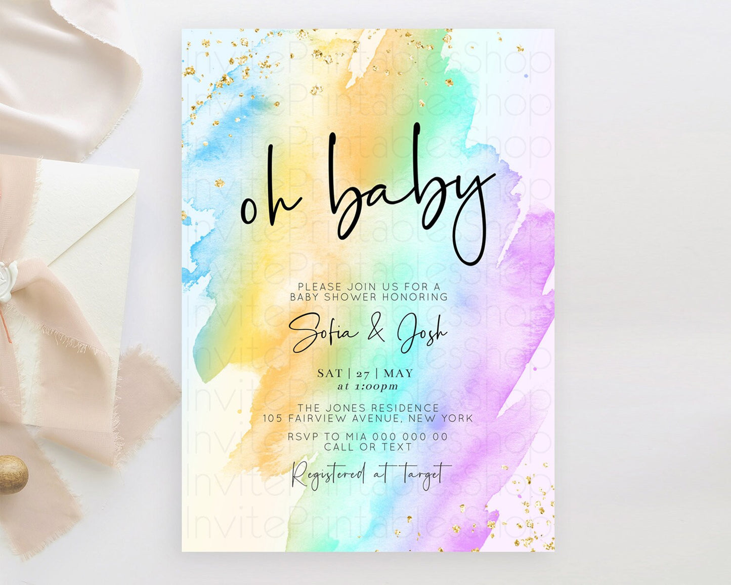 Pastel Baby Shower Invitation Rainbow Baby Shower Invitation Colorful Pastel Watercolor Invitation Gold Glitter Sprinkles Ombre D10427