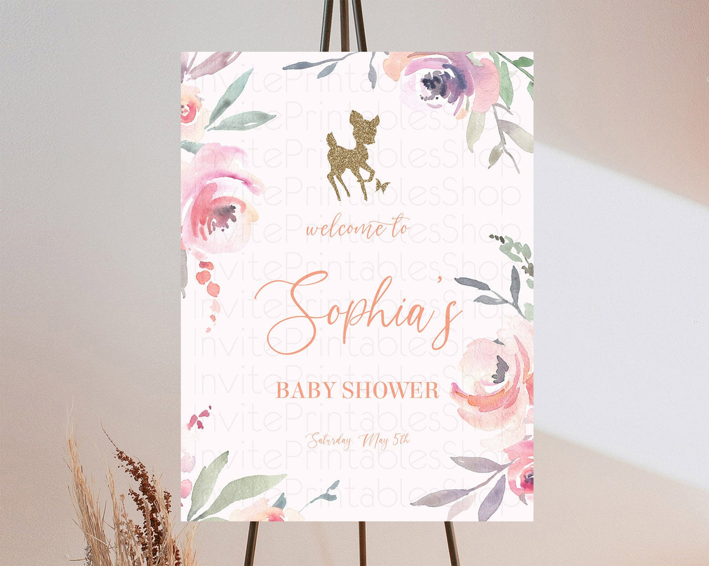 Fawn Baby Shower Welcome Sign Deer Welcome Board Floral Deer Welcome Poster Enchanted Forest Butterfly Pastel Floral Welcome Sign D10196