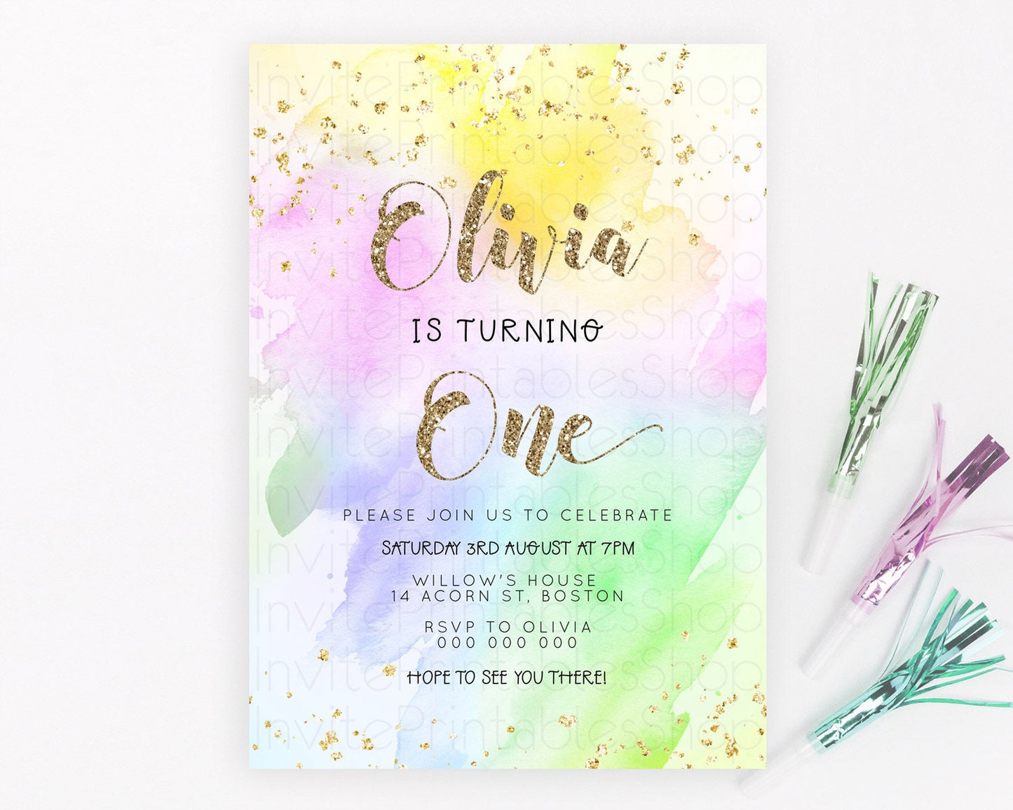 Rainbow Birthday Invitation Colorful Pastel Watercolor Invitation Gold Glitter Sprinkles Ombre Pastel 1st 2nd 3rd Birthday D23305