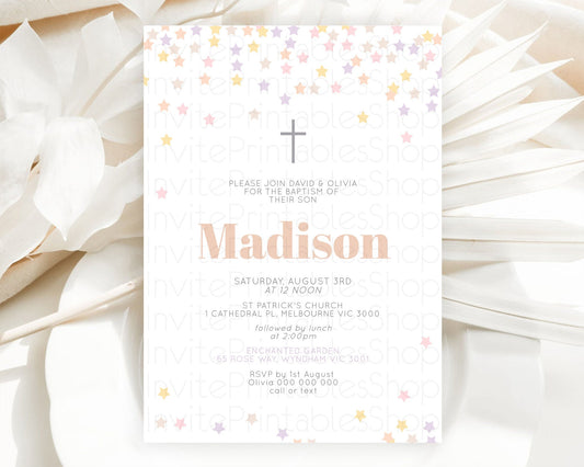 Star Baptism Invitation Pastel Stars Baptism 1st Birthday Invitation Rainbow Colors Confetti Twinkle Little Star Christening Invite D10810